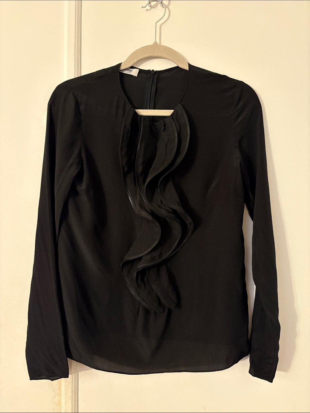 Moschino Cheap&Chic 100% Silk Black Ruffle Front Long-Sleeve Blouse